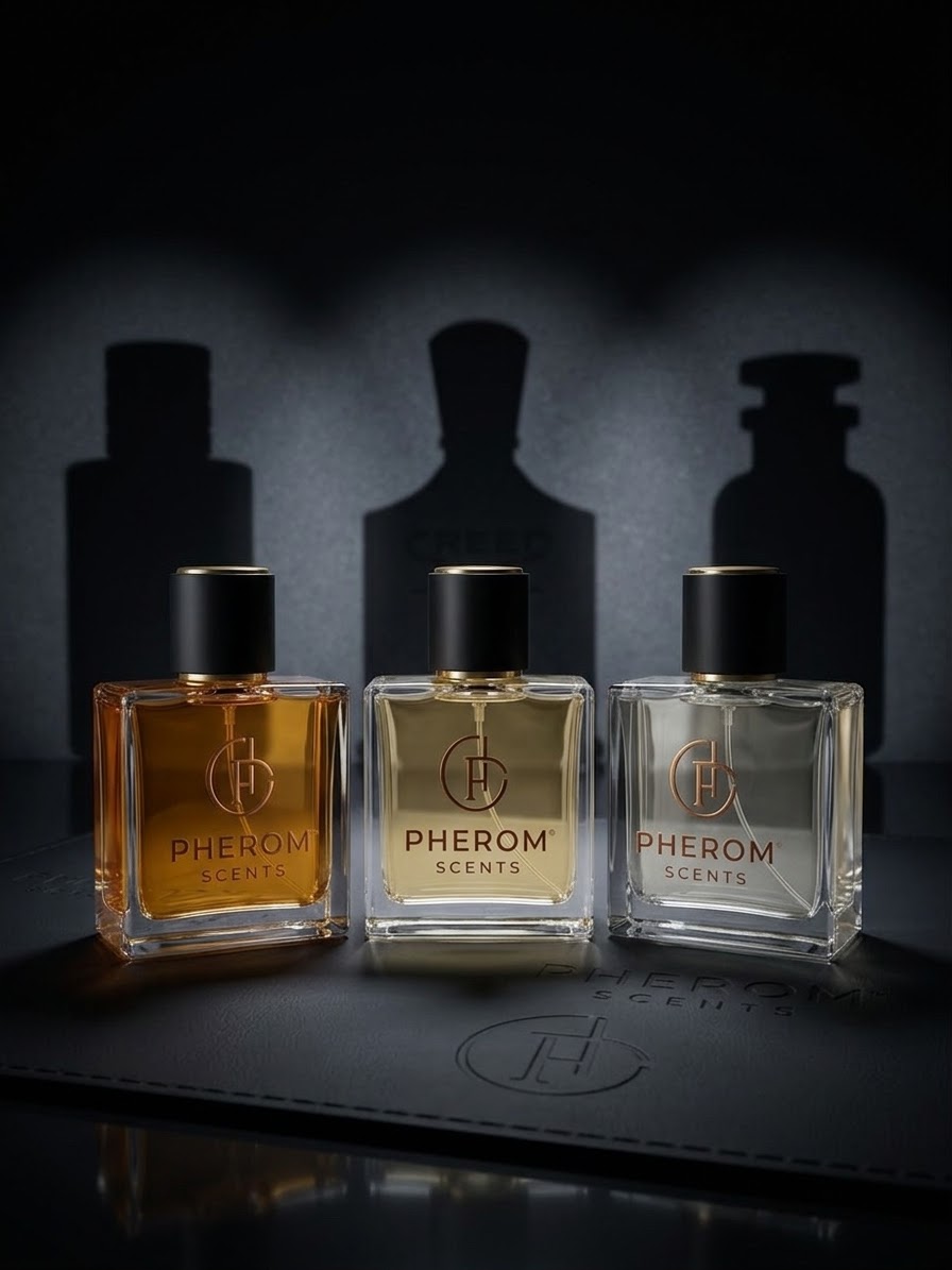 Tres frascos PHEROM de caballero frente a sombras de perfumes