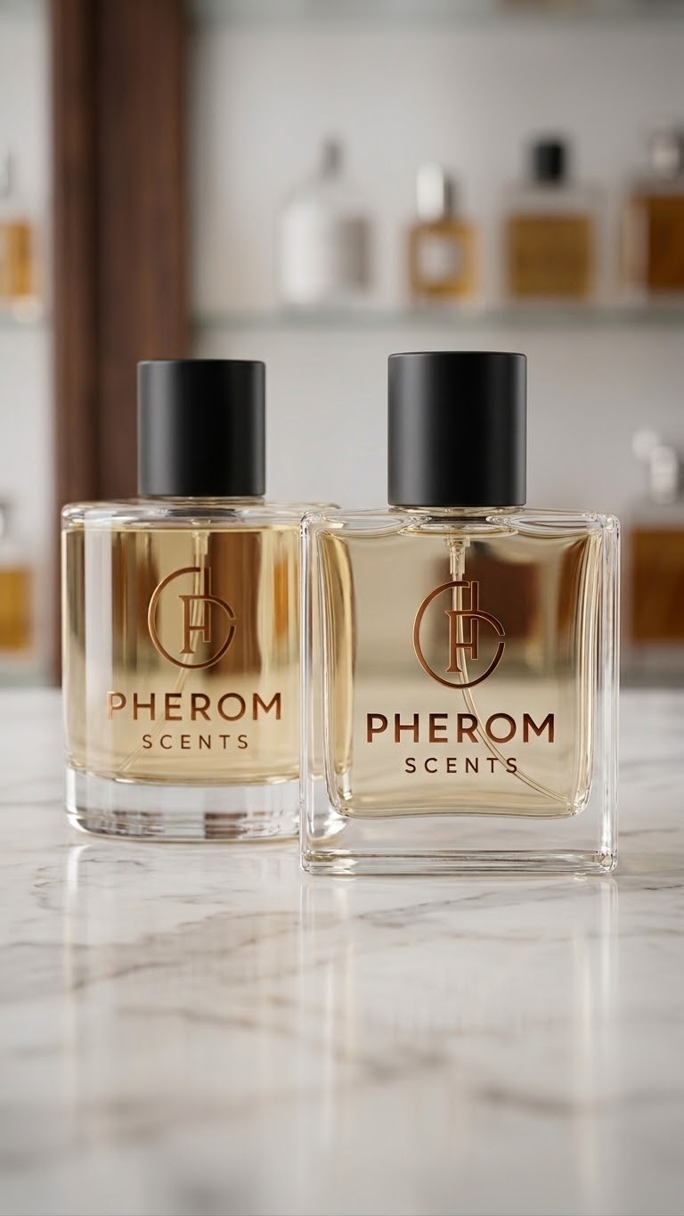 Dos frascos PHEROM Scents sobre una superficie de mármol
