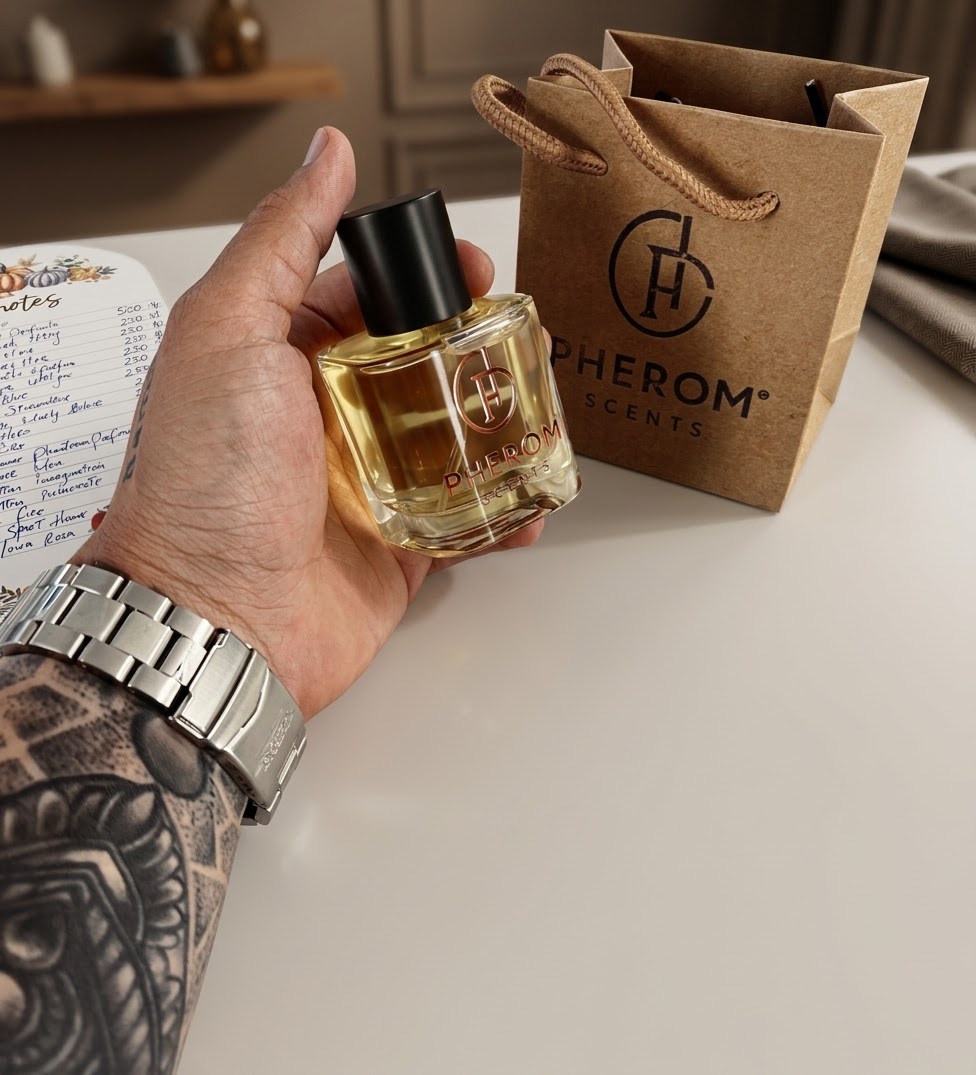 Frasco PHEROM Scents sostenido junto a su empaque