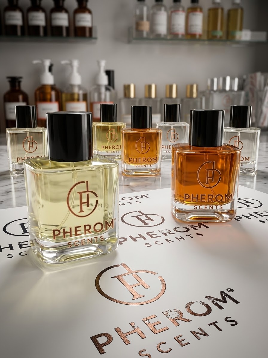 Colección de frascos PHEROM Scents en el espacio de preparación